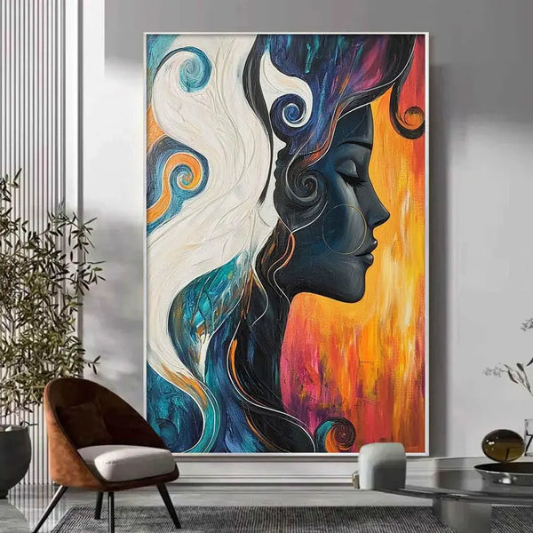 A large textured vertical painting of a black female face with white and blue and purple hair, against an orange backdrop. 