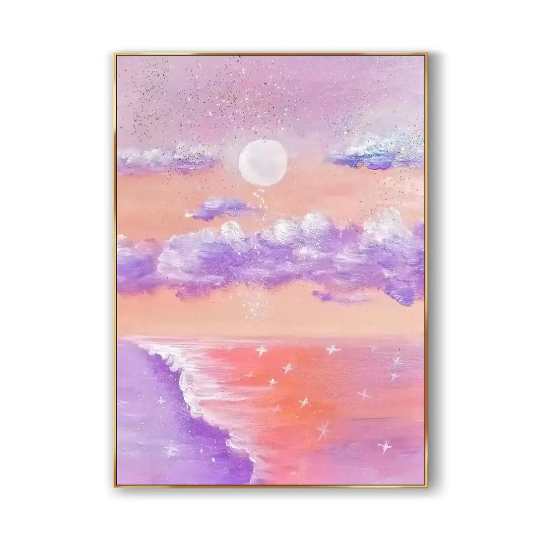  A large textured wall art piece featuring sea waves in deep purple and soft light red hues, shimmering under the gentle glow of the moon amidst a backdrop of rich purple clouds.

