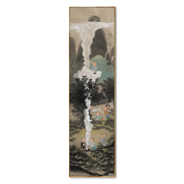 A large vertical Chinese painting depicting a column of smoke from layers of scenes, down from burning manure, cooking, up to burning incense, showcasing harmony. 