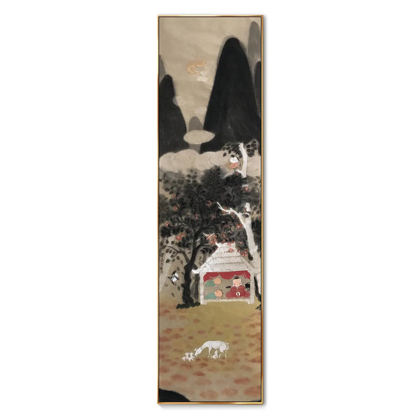 A large vertical Chinese painting depicting a small white house nestled beneath a fruit tree. Inside, a grandparent lovingly watches over their grandchildren; outside, a dog nurses her puppies while a bird broods on her eggs in the tree above.