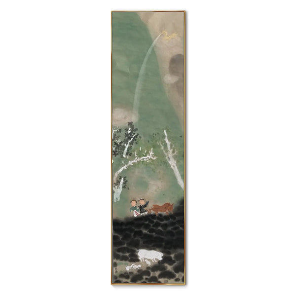 A large vertical Chinese painting depicting two figures tilling and sowing the field with the help of an ox. Nearby, a white pig and her piglets play in the soil. Above, a divine beast pours rain over the fertile land.