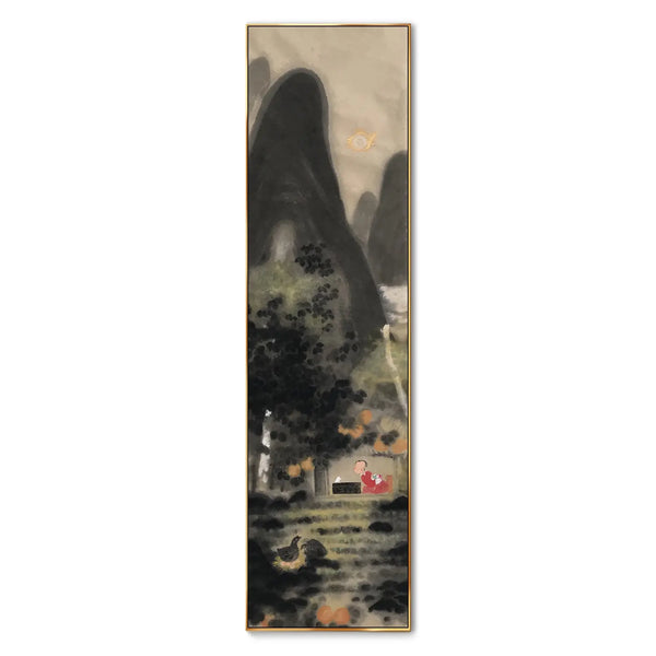 A large vertical Chinese painting featuring a pregnant woman making new clothes, a newly hatched fluffy chick, a hen brooding on her eggs, ripe melons in the field, and the sun with its round belly nurturing the moon.