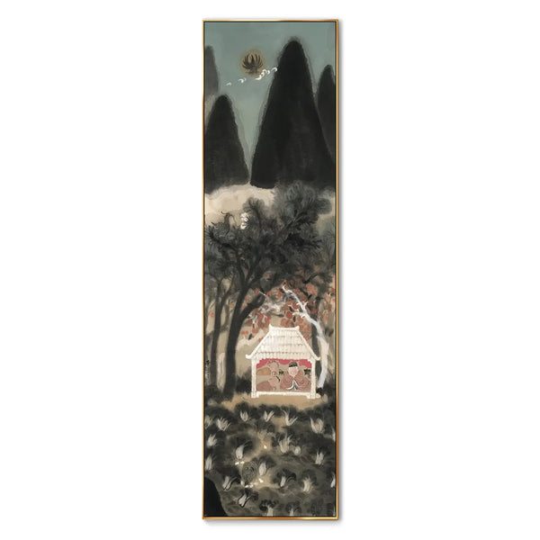 A large vertical Chinese painting featuring a small white house with one senior and two grandchildren sleeping, beneath a dark pomegranate tree with birds feeding their babies; outside the house is a field of vegetables with mommy chicken seeking food with their babies. 