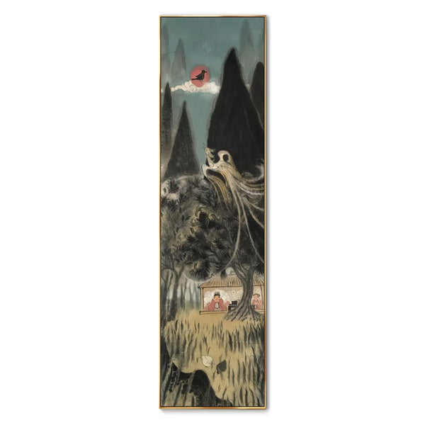 A large vertical Chinese painting featuring chicken hunting food in the field, birds in the tree, phoenix flying into the air and the divine three-legged crow nestling in the sun. 