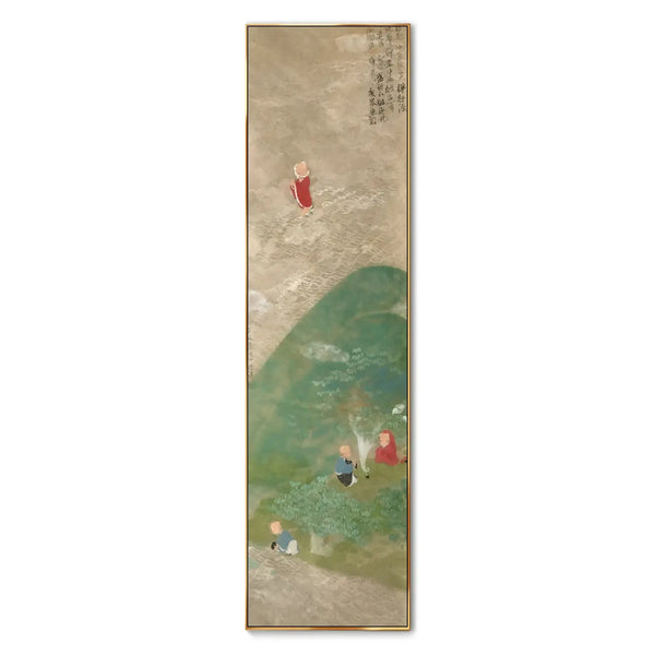 A large vertical Chinese painting featuring how different practitioners practice Zen teachings and how they help form Zen Buddhism. 