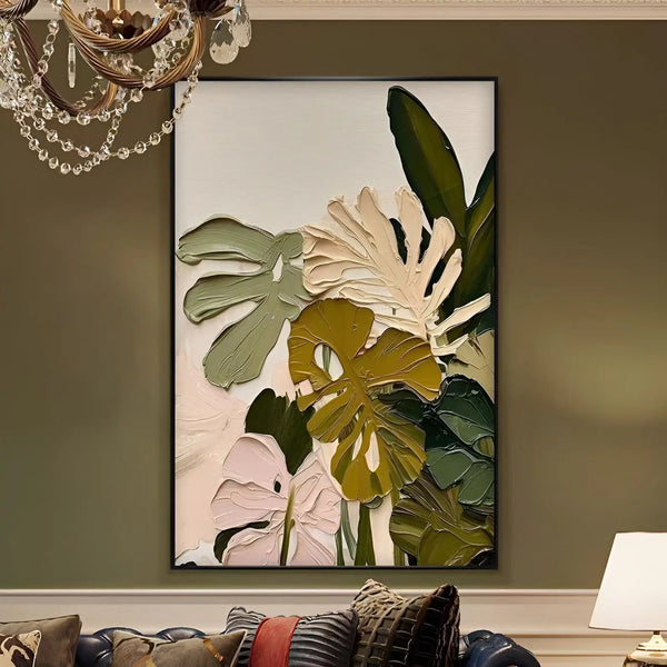  A large vertical Wabi-Sabi wall art featuring green and pink leaves against a white and pink backdrop. 