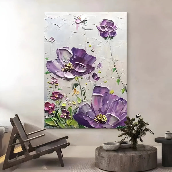 A large vertical abstract floral painting with textured purple flowers and green leaves, composed artwork by Adi Cheng.
