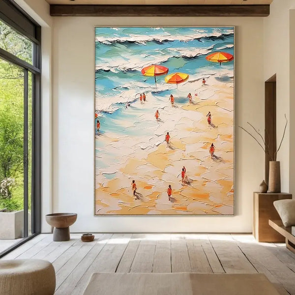 A large, vertical abstract painting displaying bold blue ocean waves approaching a busy beach.
