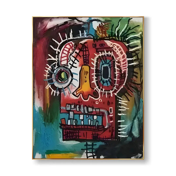 A large vertical abstract painting featuring a ghostly skull face with a red complexion, sparse hair, and a few visible teeth, set against a blue backdrop.