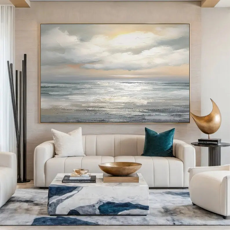 A large, vertical abstract seascape painting in grey tones with textured ocean waves under a calm, cloud-filled evening sky.