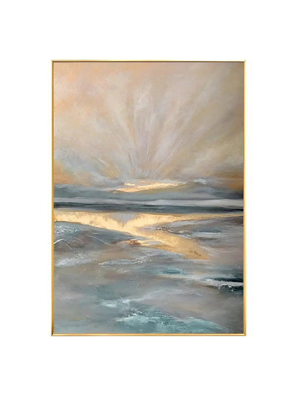  A large vertical colorful painting featuring the blue and earthy lakeside with the gold sunshine casting its light on the lake surface. 