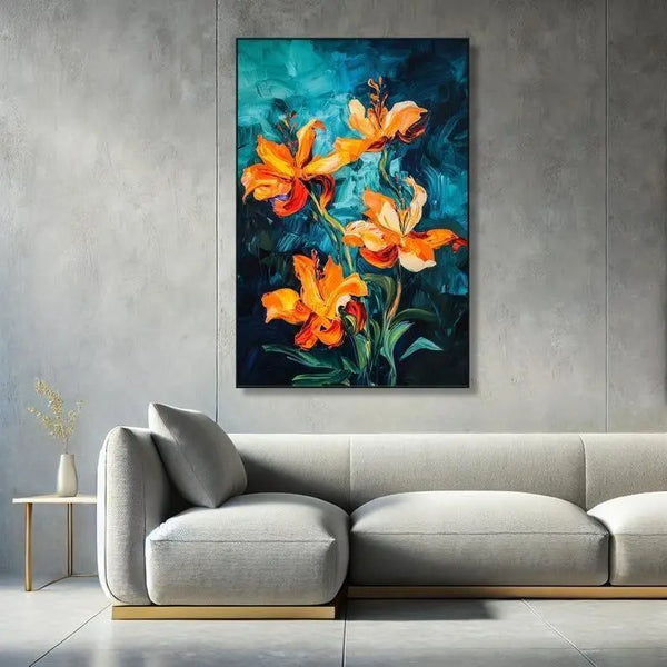 A large vertical format abstract painting of orange lily flower petals on a blue backdrop by artist Adi Cheng.