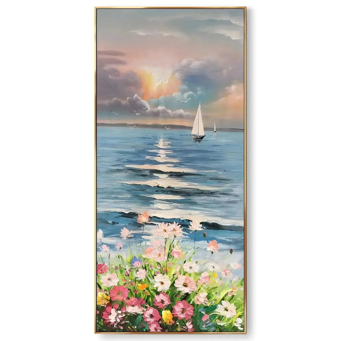 A large vertical hyperrealism art featuring a vast blue sea with small boats, bordered by vibrant pink, white, and yellow flowers. Above, an orange sunset bathes the clouds in warm hues.
