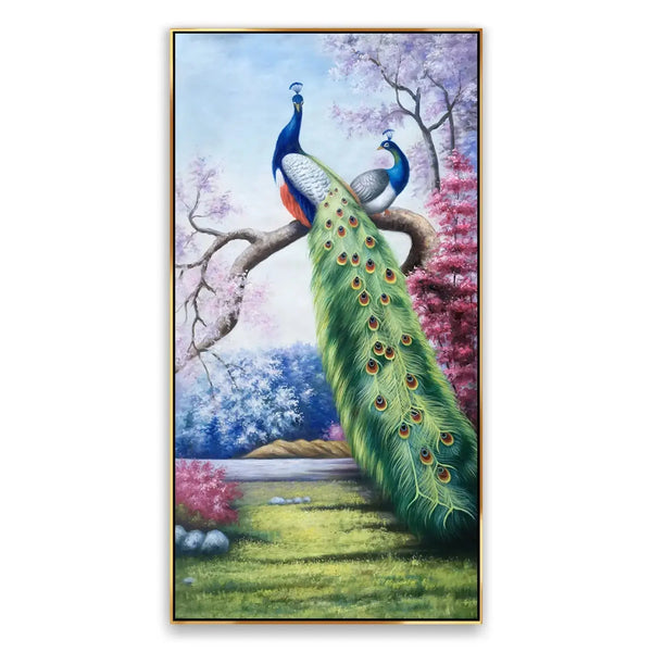 A large vertical hyperrealism art featuring two majestic peacocks, both with stunning blue and green plumage, landing on a branch adorned with purple and pink flowers, with one peacock's green tail falling onto the lush green ground.
