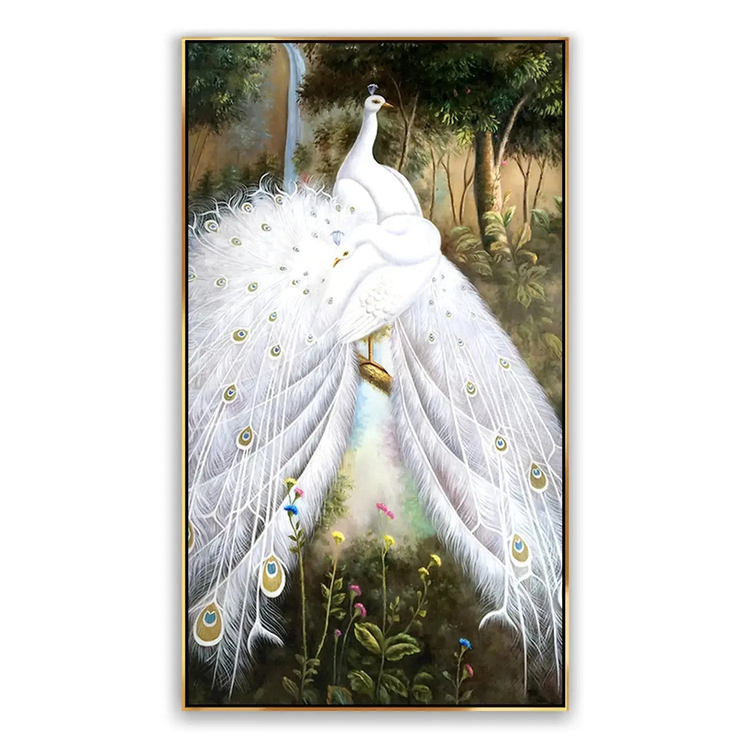 A large vertical hyperrealism art of a white peacock in its pride, amidst the lush greenery 
