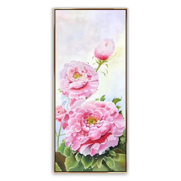 A large vertical hyperrealism art of big pink blossoms with green leaves and stems. 