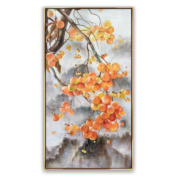 A large vertical hyperrealism art of branches laden with persimmons.  
