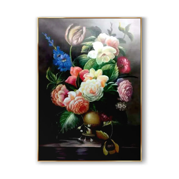 A large vertical hyperrealism art of flowers in white, pink, orange and blue in a yellow bottle, against a black backdrop. 