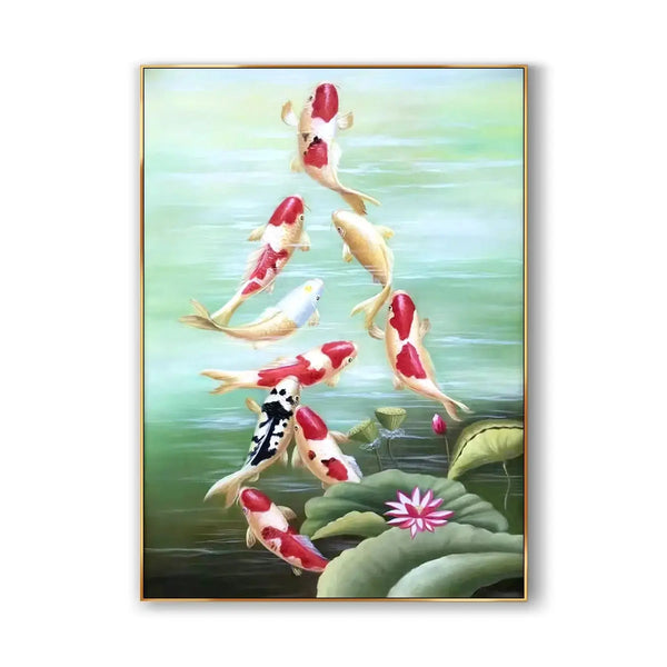 A large vertical hyperrealism art of several fat fishes in red and white swimming in the pond with lotus flowers.