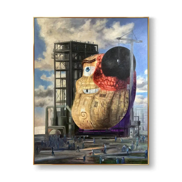 A large vertical hyperrealism painting featuring the efforts to renovate old places 