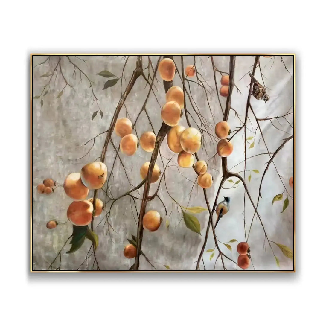 A large vertical hyperrealism painting of branches laden with orange fruits, with two grey birds on them.