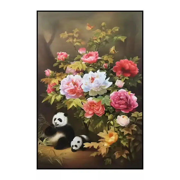 A large vertical hyperrealism painting of two pandas playing under red, yellow and white flowers with green leaves.
