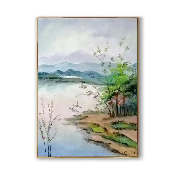  A large vertical hyperrealistic wall art depicting a serene blue lake bordered by earthy brown terrain and lush greenery, with rolling mountain ranges fading into the misty horizon. 
