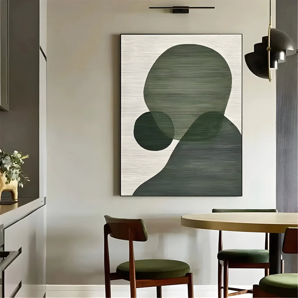 A large vertical minimalist wall art featuring 3 green random patterns against a white backdrop. 
