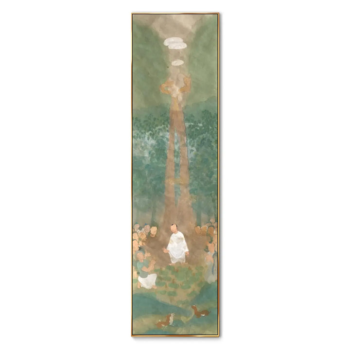 A large vertical painting capturing the sacred moment when the Buddha descends from heaven on auspicious clouds, welcomed by a gathering of people and animals.