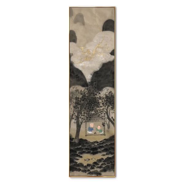 A large vertical painting depicting a grandfather sharing his stories and experiences with his grandson inside a humble hut beneath dark, sheltering trees. Nearby, a mother bird tends to her baby, while above them, a divine dragon watches over the scene.