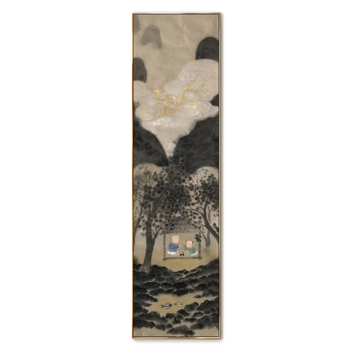 A large vertical painting depicting a grandfather sharing his stories and experiences with his grandson inside a humble hut beneath dark, sheltering trees. Nearby, a mother bird tends to her baby, while above them, a divine dragon watches over the scene.
