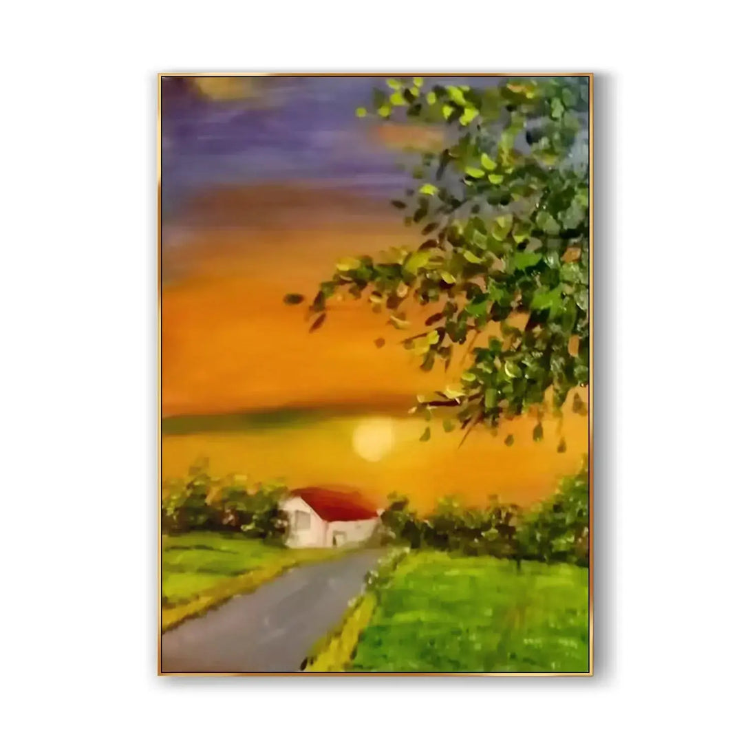  A large vertical painting depicting a serene road lined with lush greenery, leading to a cozy small house, set beneath a breathtaking sunset sky with hues of orange and blue.
