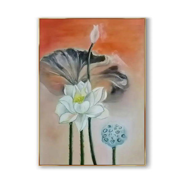 A large vertical painting featuring a blooming white lotus flower, a delicate bud, and root, against a red and pink backdrop.
