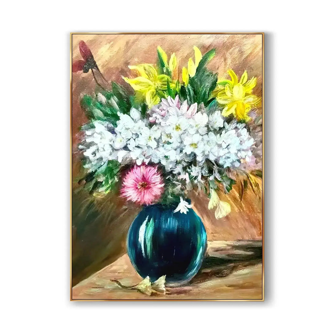 A large vertical painting featuring a blue pot of flowers in white, yellow and pink, along with green leaves, against a golden yellow backdrop. 