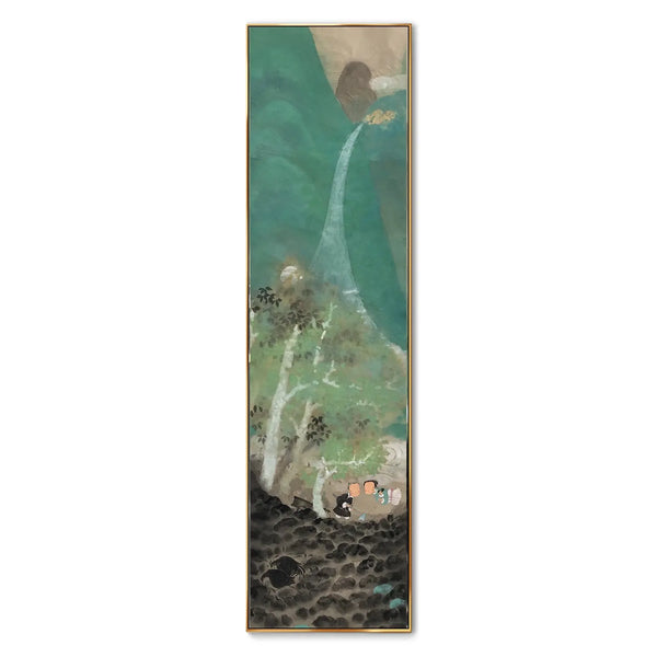 A large vertical painting featuring a farmer couple hoe the soil to prepare for planting. Twi black chickens are laying eggs in the field.  Above them a divine beast sends rain to nourish the earth.