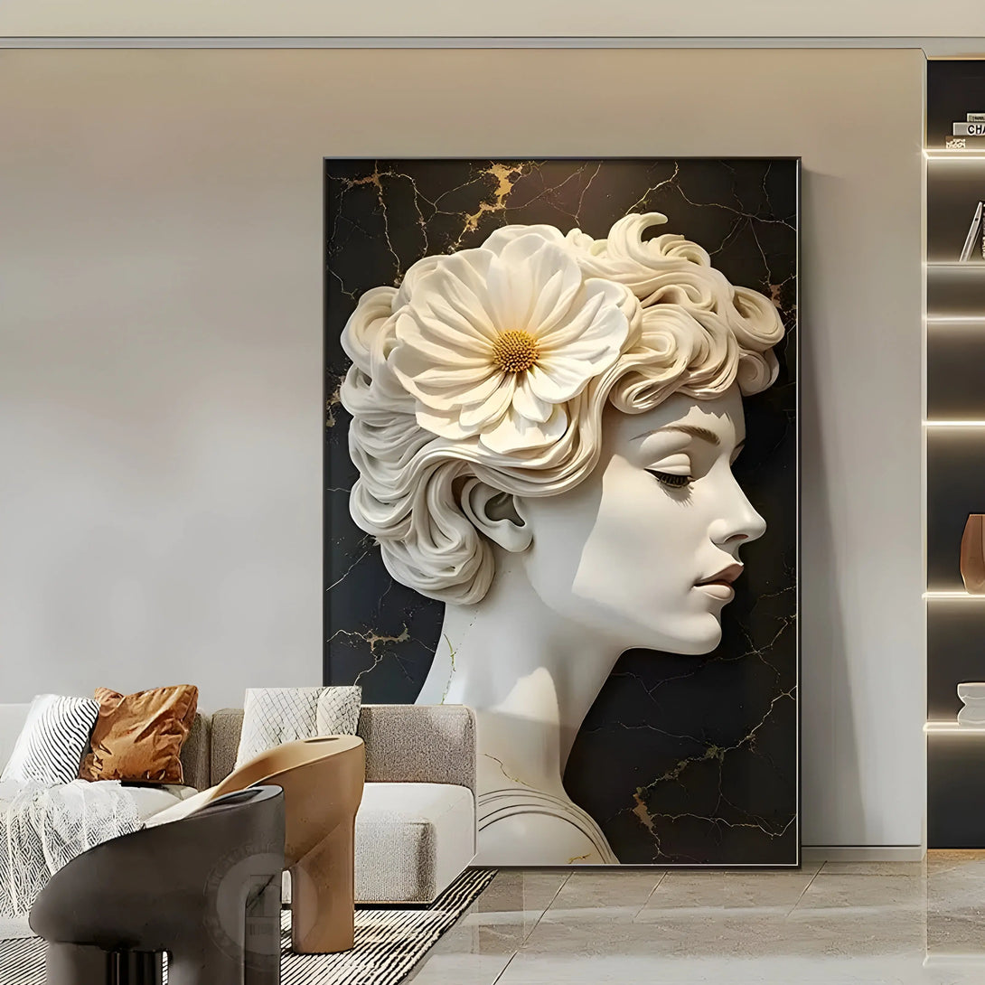 A large vertical painting featuring the profile of a woman in white reliefs, with white hair and a flower.
