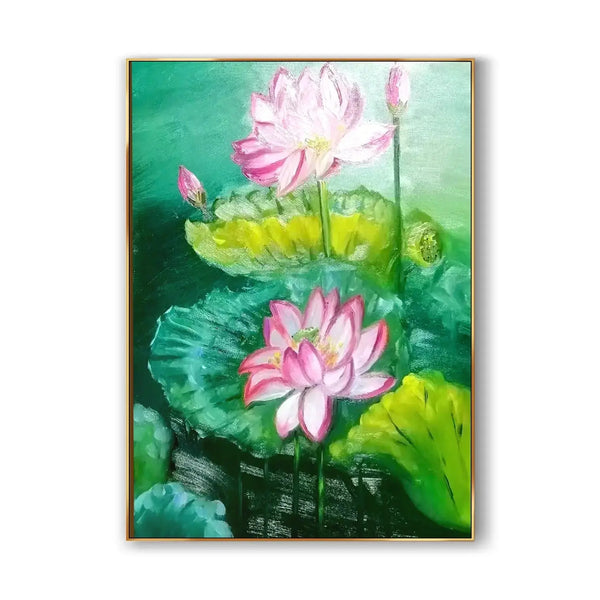  A large vertical painting featuring two blooming lotus flowers and two buds, nestled among lush green lotus leaves against a soothing green background.