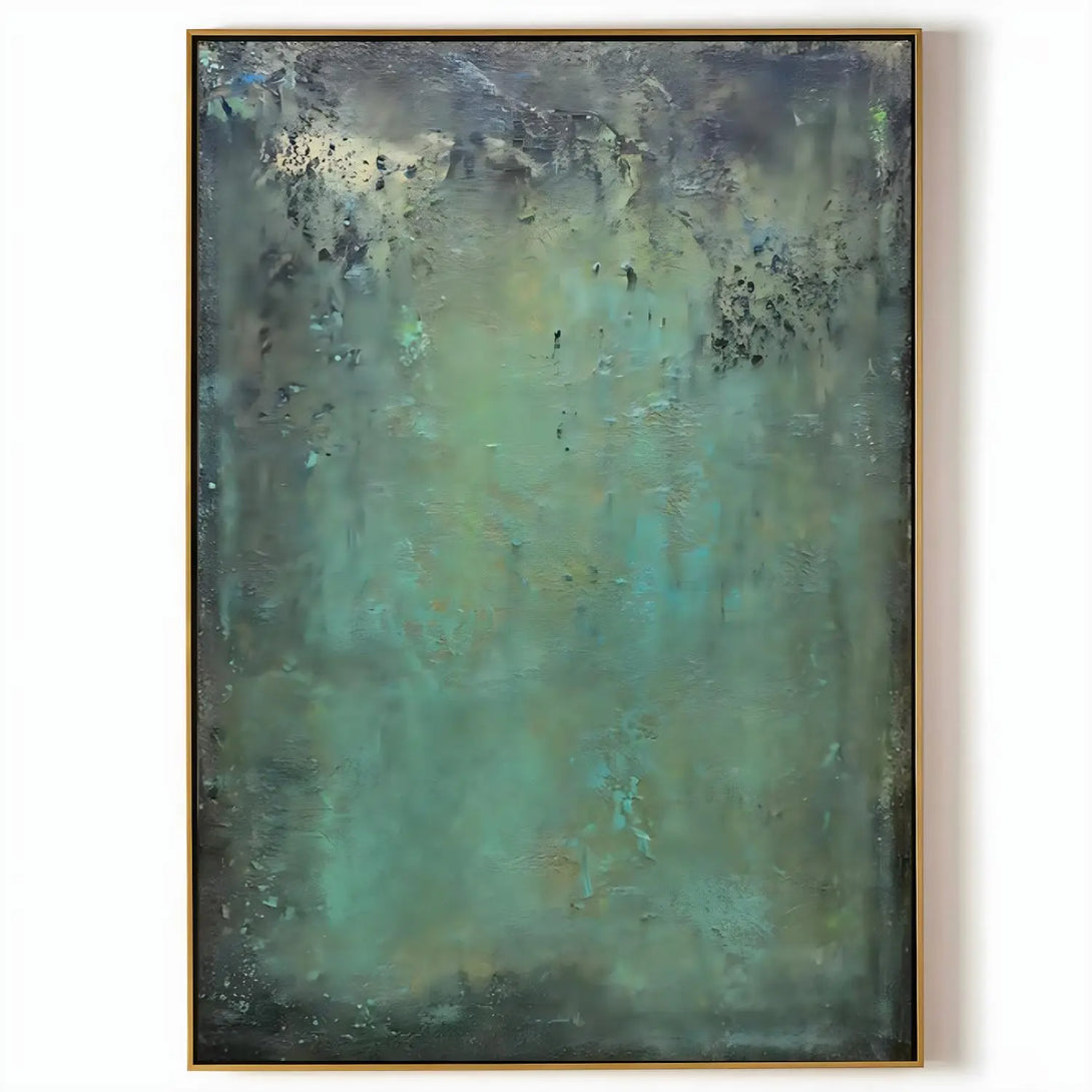  A large vertical painting featuring varying kinds of green. 