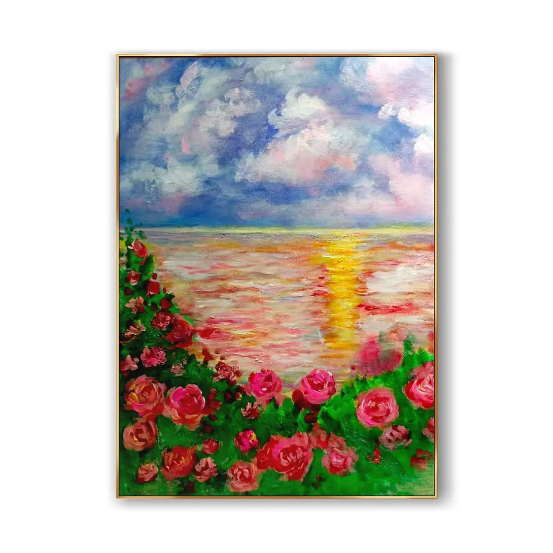 A large vertical painting featuring vibrant bold red flowers in greenery, and the blue sky with fluffy white clouds, and water that is dyed pink by the yellow sunlights. 
