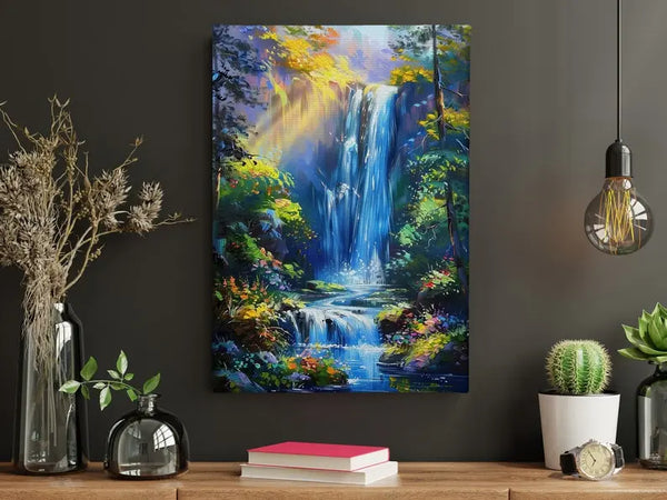 A large vertical painting featuring waterfalls flowing down the cliff, lined by green trees, stones, flowers, etc. 