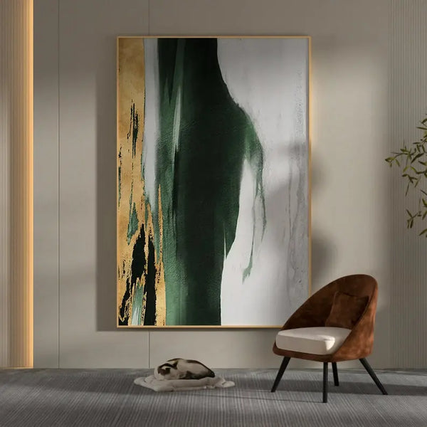  A large vertical painting mixing green, gold and white hues. 
