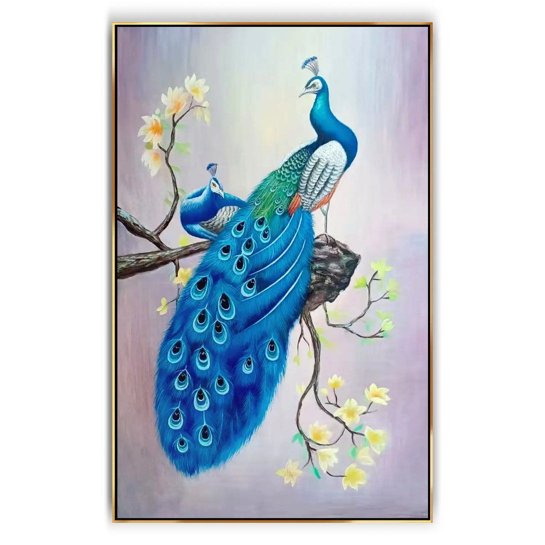  A large vertical painting of 2 blue peacocks landing on a branch against a pink backdrop