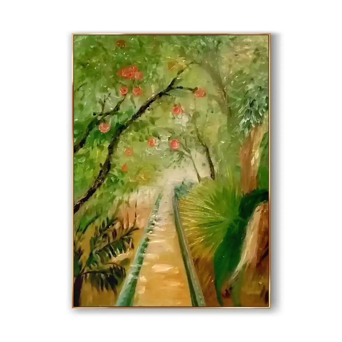 A large vertical painting of a brown road lined by mountain greenery and trees full of orange fruits.  