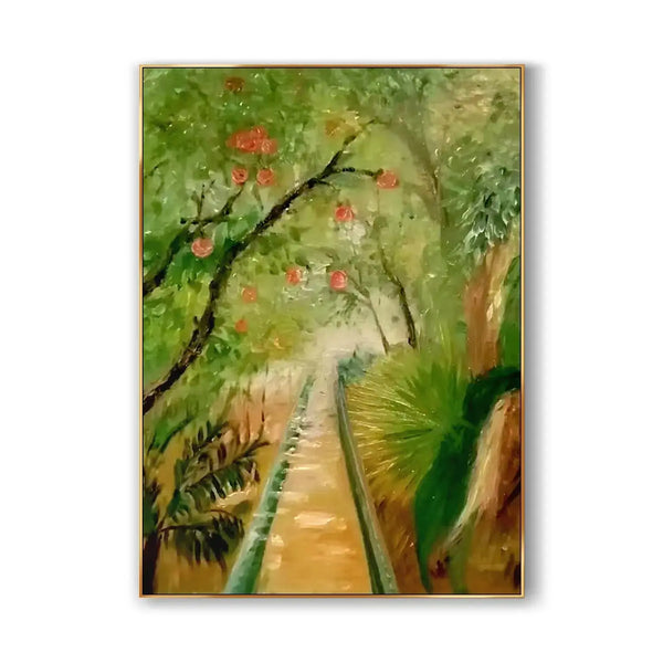 A large vertical painting of a brown road lined by mountain greenery and trees full of orange fruits.  
