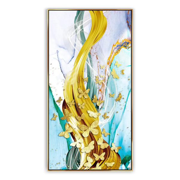 A large vertical painting of a gold pattern flowing across a backdrop of blue and light purple. 