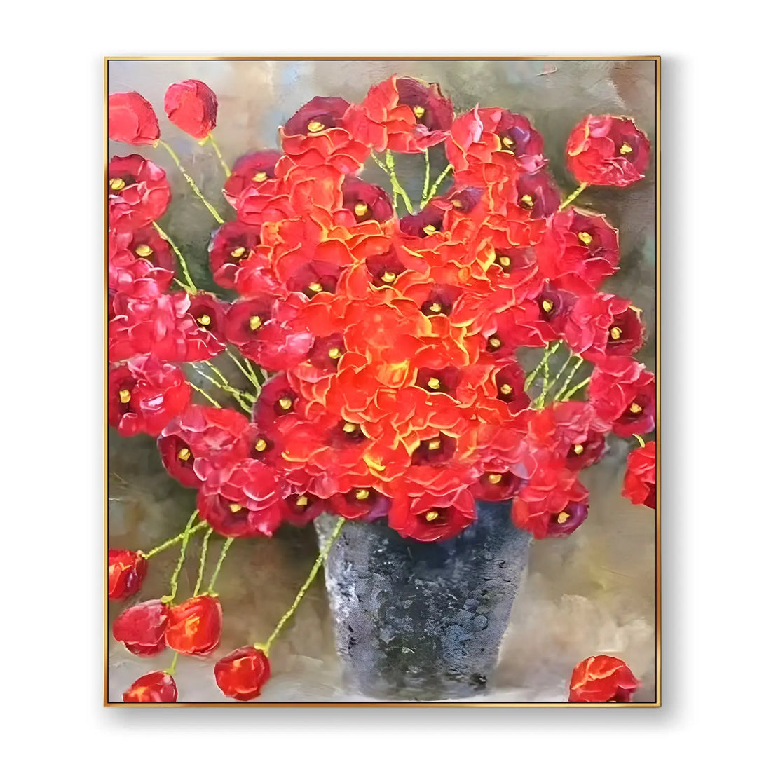  A large vertical painting of a jar of blooming red flowers, against a backdrop of yellow 
