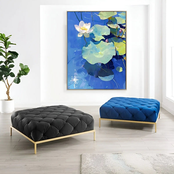 A large vertical painting of a lotus flower with green leaves and some pink lotus buds, in the blue clear water. 
