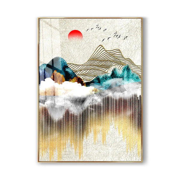 A large vertical painting of a mountainous landscape with blue trees and gold mountains and orange sun. 