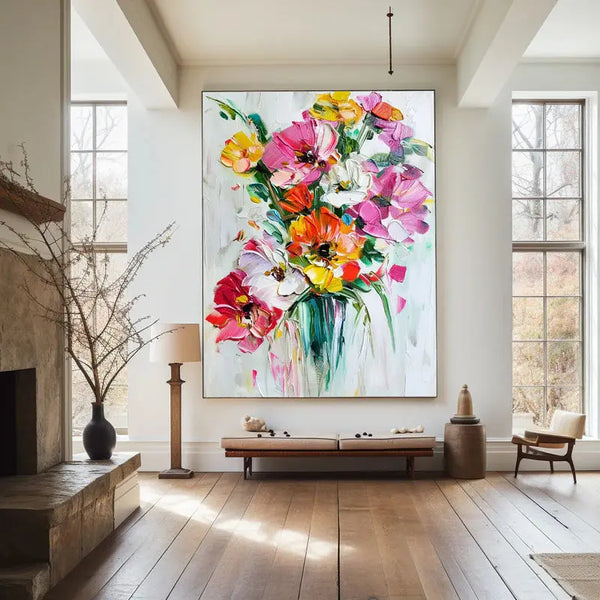  A large vertical painting of flowers in pink, white and orange, with green leaves, against a white backdrop. 
