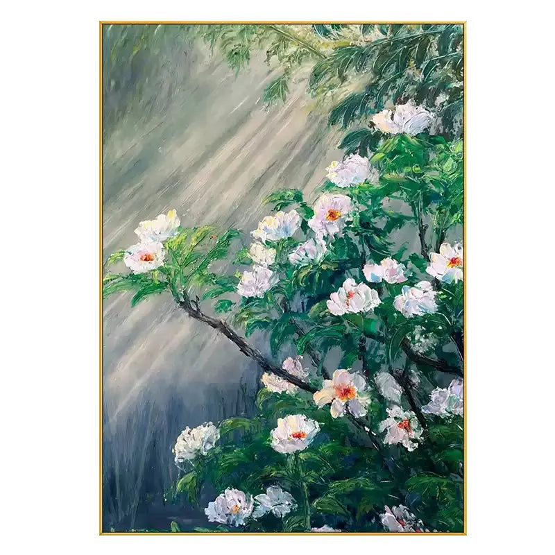  A large vertical painting of white flowers blooming with green leaves on the branches against a backdrop of cyan. 